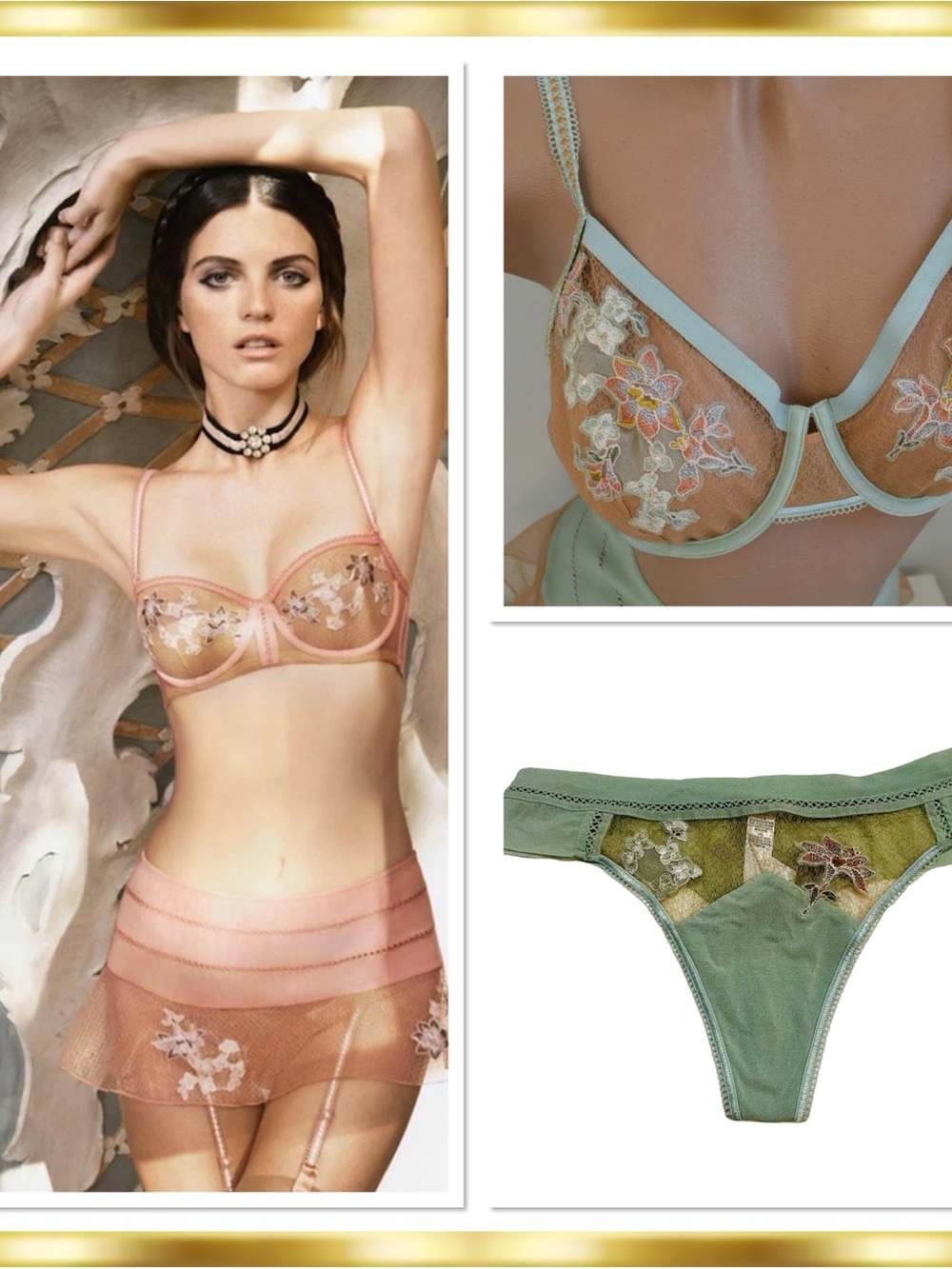 La Perla Donna Lucia Set in Mint Green Sheer Appliqué Embroidery $1,200 Vintage